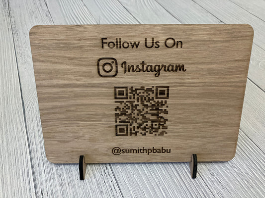 Wooden Social Media Sign, "Follow us on" Sign, QR Code Sign, Oak