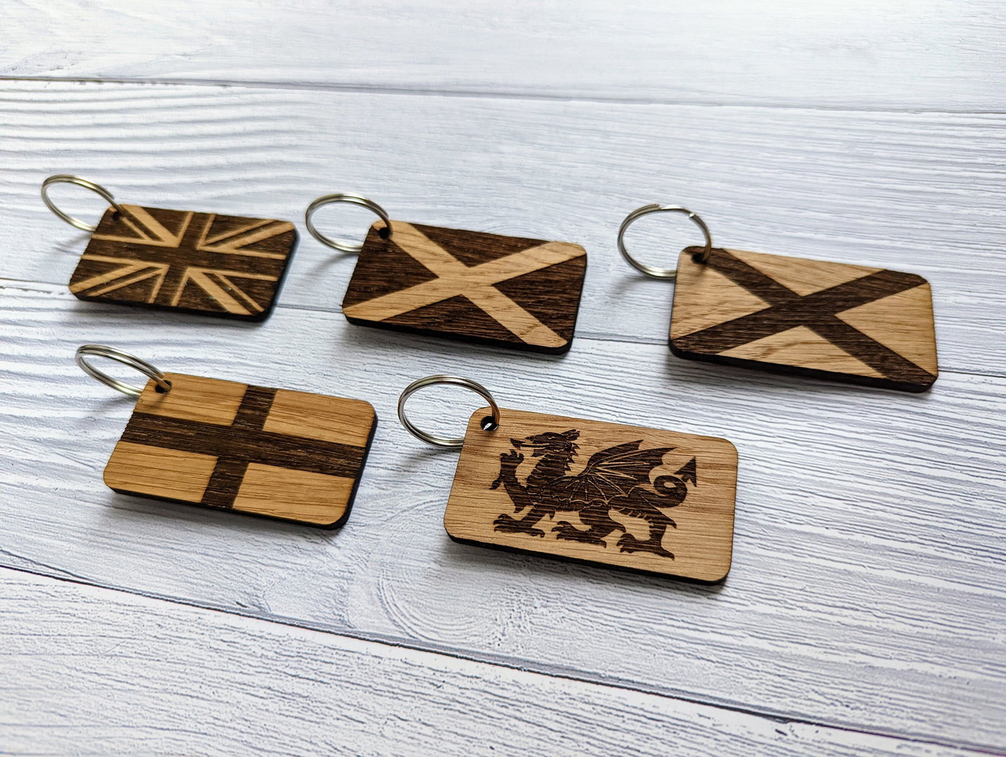 Patriotic Wooden Flag Keyrings, Union Jack, Welsh, Scottish, Irish & English Gifts, Oak