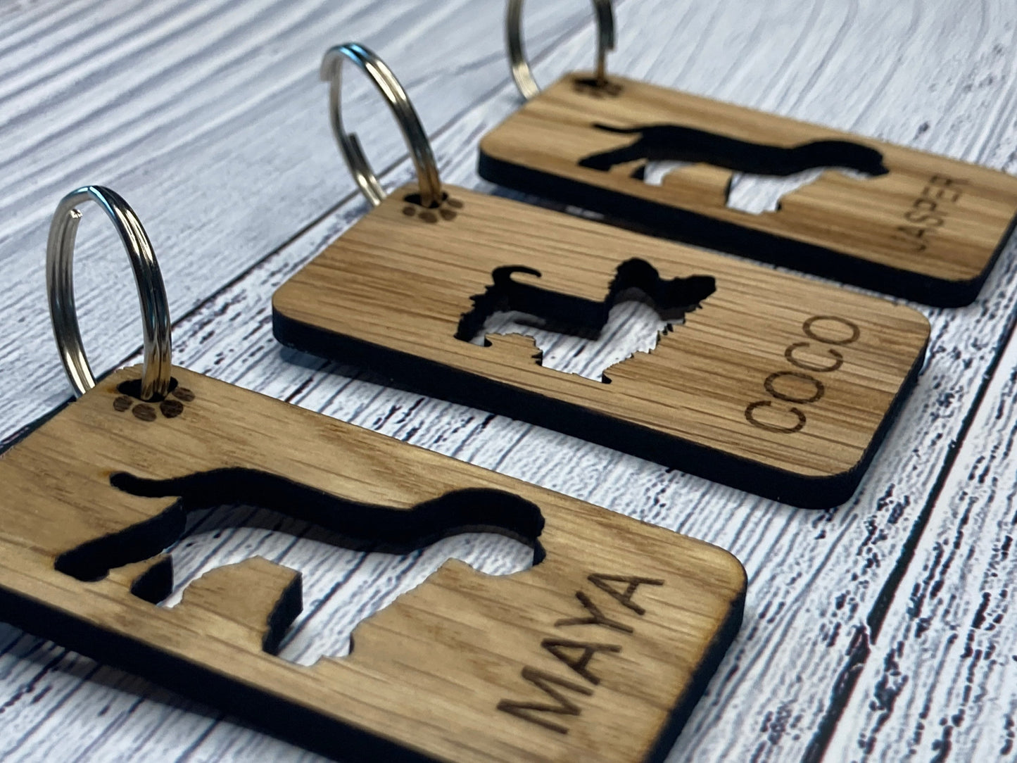 Personalised Dog Keyrings, Engraved Wooden Pet Keyring, Gift For Dog Owner, Oak