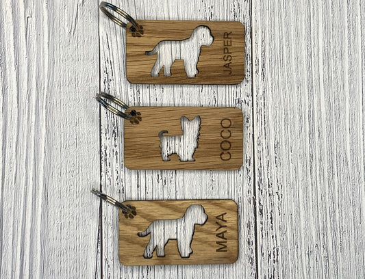Personalised Dog Keyrings, Engraved Wooden Pet Keyring, Gift For Dog Owner, Oak