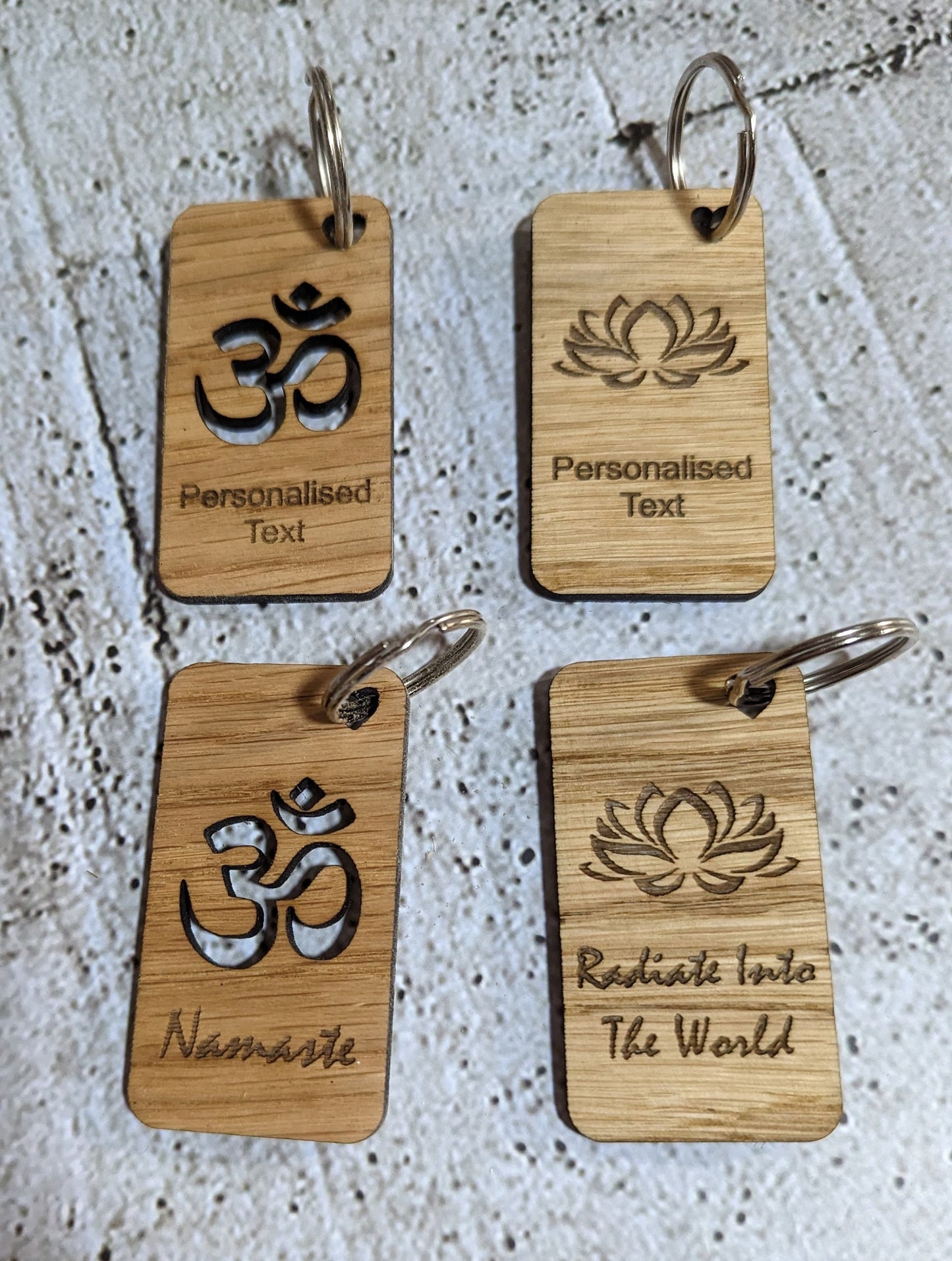 Personalised Yoga Keyrings, Engraved Wooden Lotus Flower & Namaste Keyrings