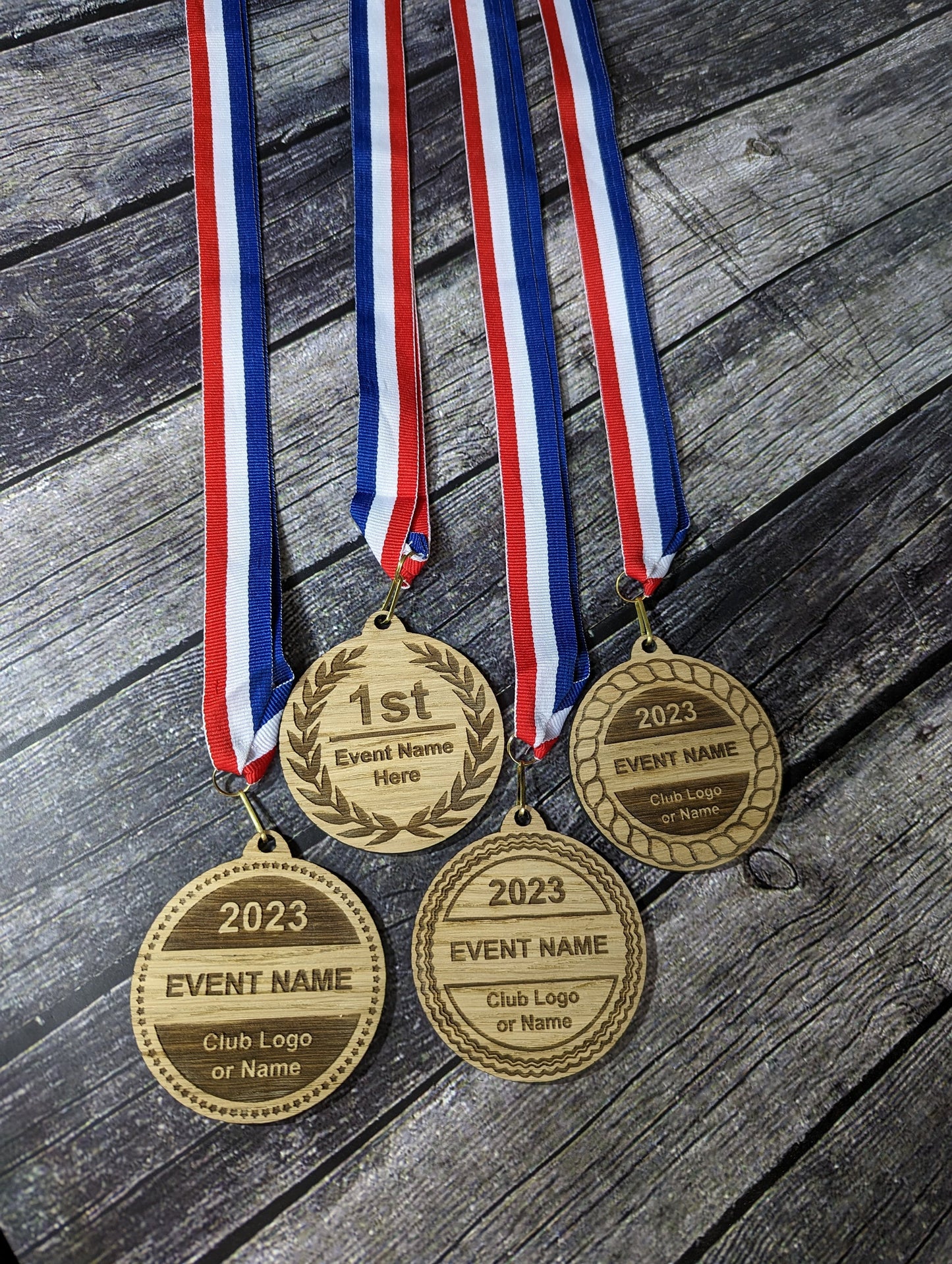 Personalised Wooden Medals, 4 Designs, Sports, Marathon, 5K, Fun Run, Archery, 10k, Bike, Race, Swim, Football, Dance, School, Sailing