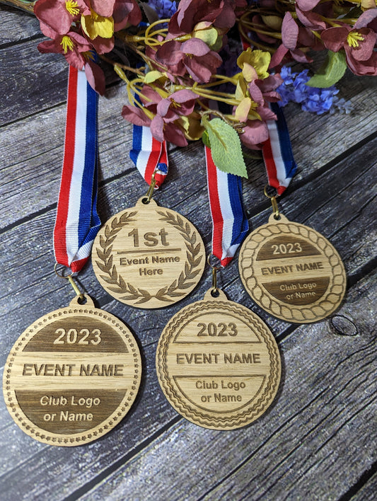 Personalised Wooden Medals, 4 Designs, Sports, Marathon, 5K, Fun Run, etc