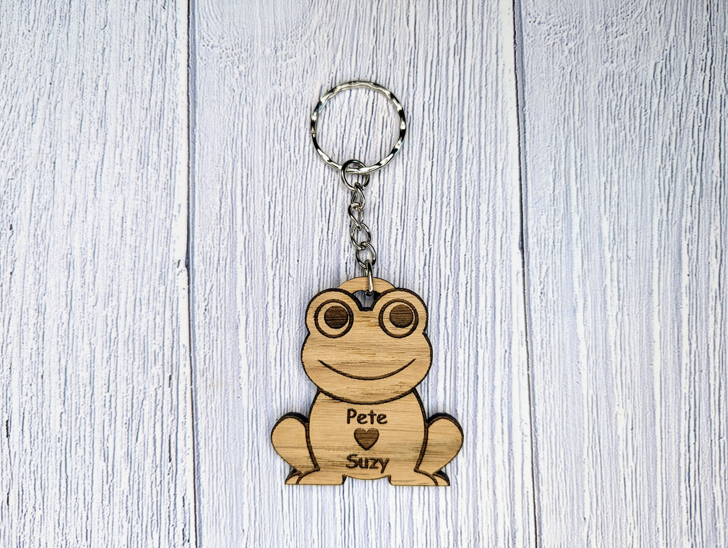 Wooden Frog Keyring | Personalised Frog Heart Keyring | Add Your Names | Bag Tag | Oak Veneered