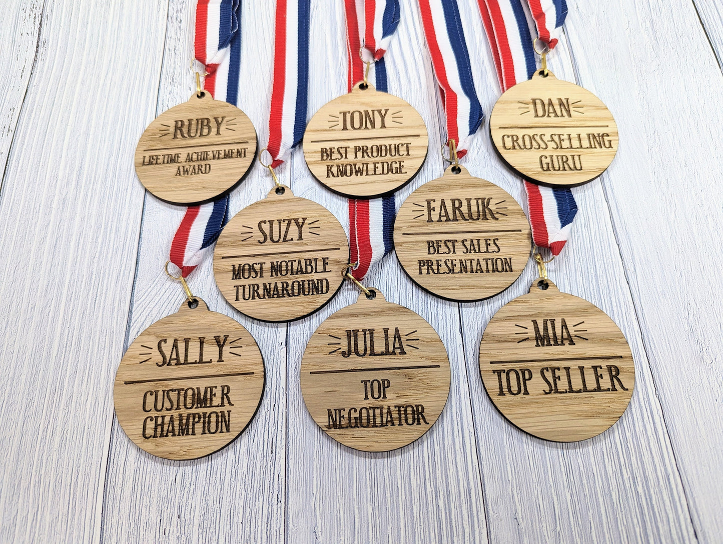 Sales Excellence Wooden Medal: Personalised Award for Motivating Sales Teams with Tri-Coloured Ribbon