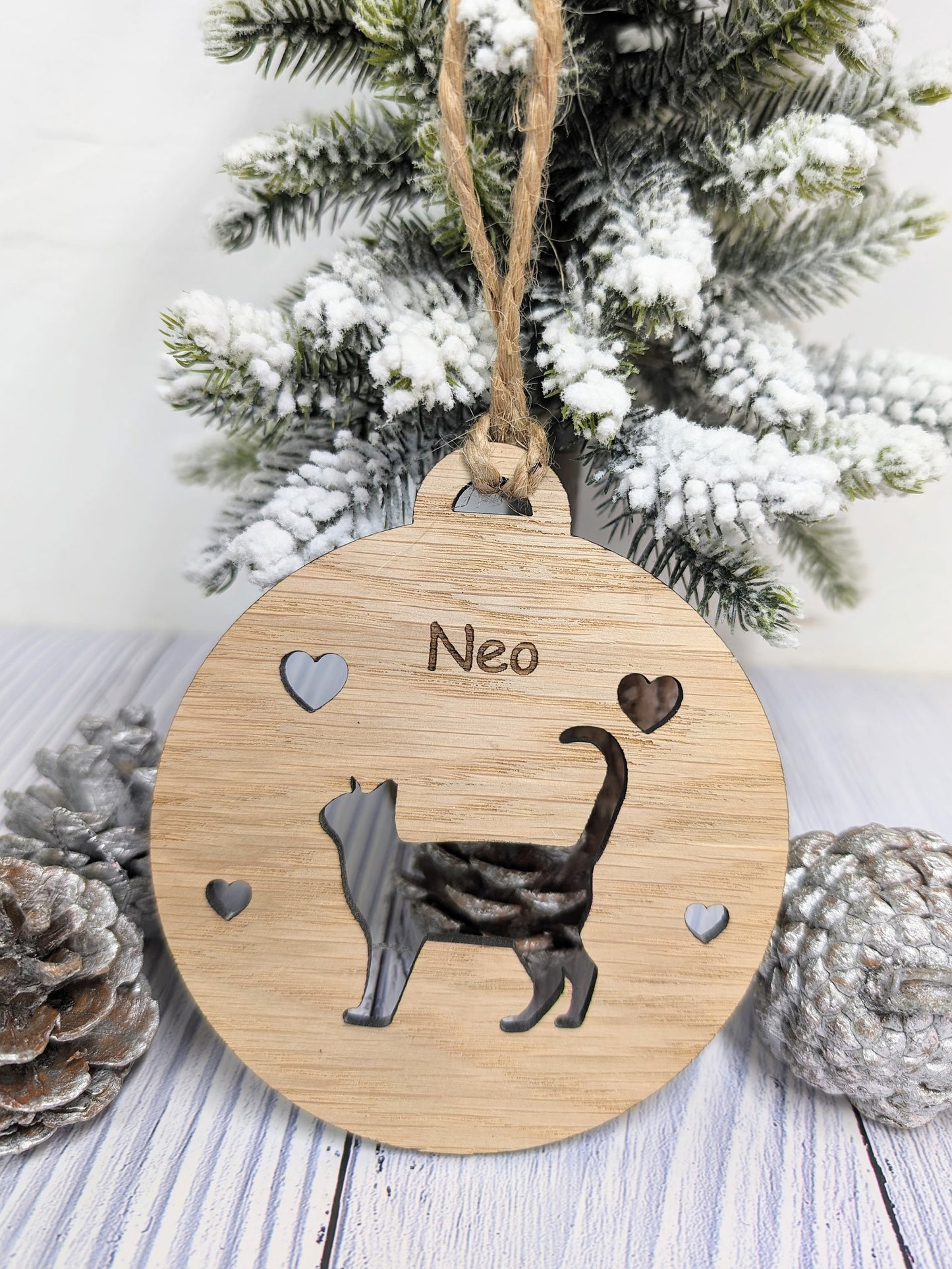 Personalised Cat Silhouette Christmas Bauble - Custom Engraved with Your Cat's Name