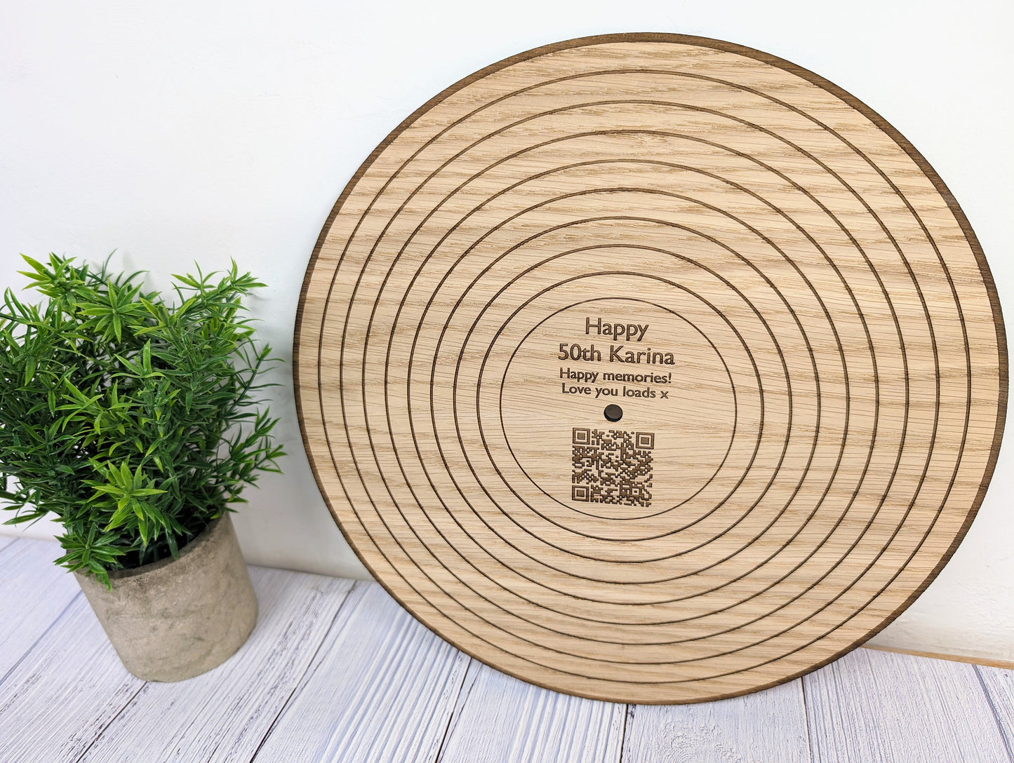 Oak 12" Record with Personalised QR Code and Message - Custom Message, Playlist Link, Optional Stand