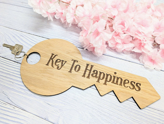 Key To Happiness - Oversized Key-Shaped Wooden Keyring - Unique Gift Idea - Inspirational Quote Keychain - CherryGroveCraft