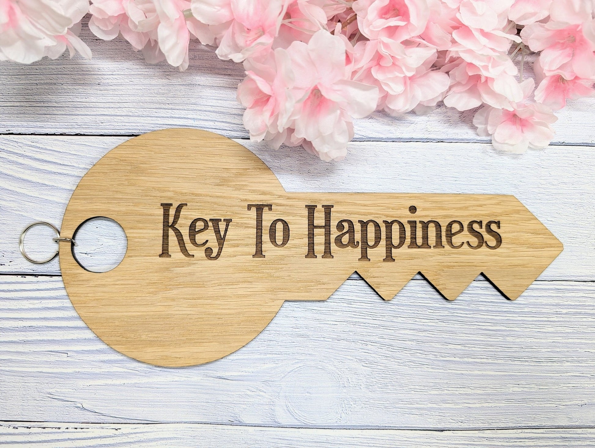 Key To Happiness - Oversized Key-Shaped Wooden Keyring - Unique Gift Idea - Inspirational Quote Keychain - CherryGroveCraft