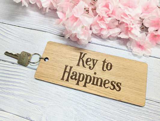 Key to Happiness - Wooden Keyring - Extra-Large 200x80mm – Inspirational Gift Idea, Motivational Gift - CherryGroveCraft