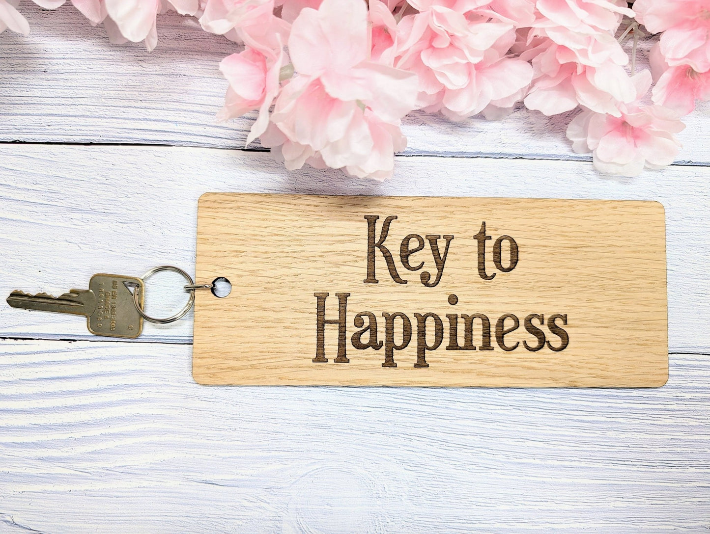 Key to Happiness - Wooden Keyring - Extra-Large 200x80mm – Inspirational Gift Idea, Motivational Gift - CherryGroveCraft