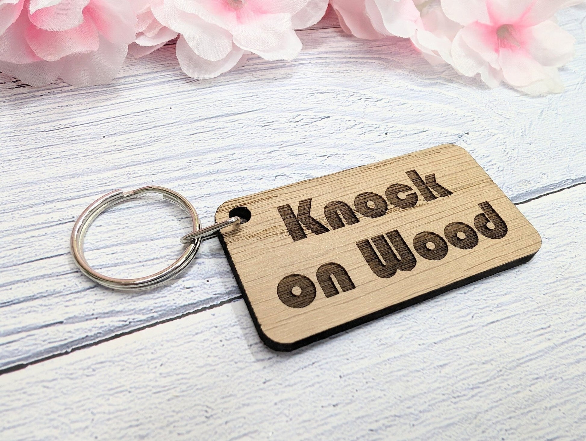 Knock on Wood Oak Veneer Keyring - 65x35mm, Superstition Inspired | Unique Good Luck Charm, Eco-Friendly, Perfect for Gift-Giving - CherryGroveCraft