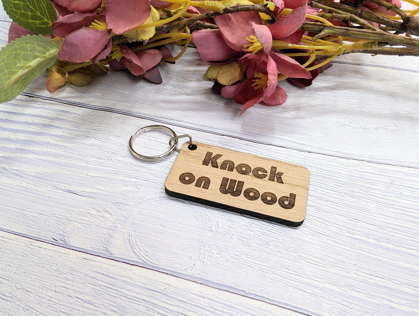 Knock on Wood Oak Veneer Keyring - 65x35mm, Superstition Inspired | Unique Good Luck Charm, Eco-Friendly, Perfect for Gift-Giving - CherryGroveCraft