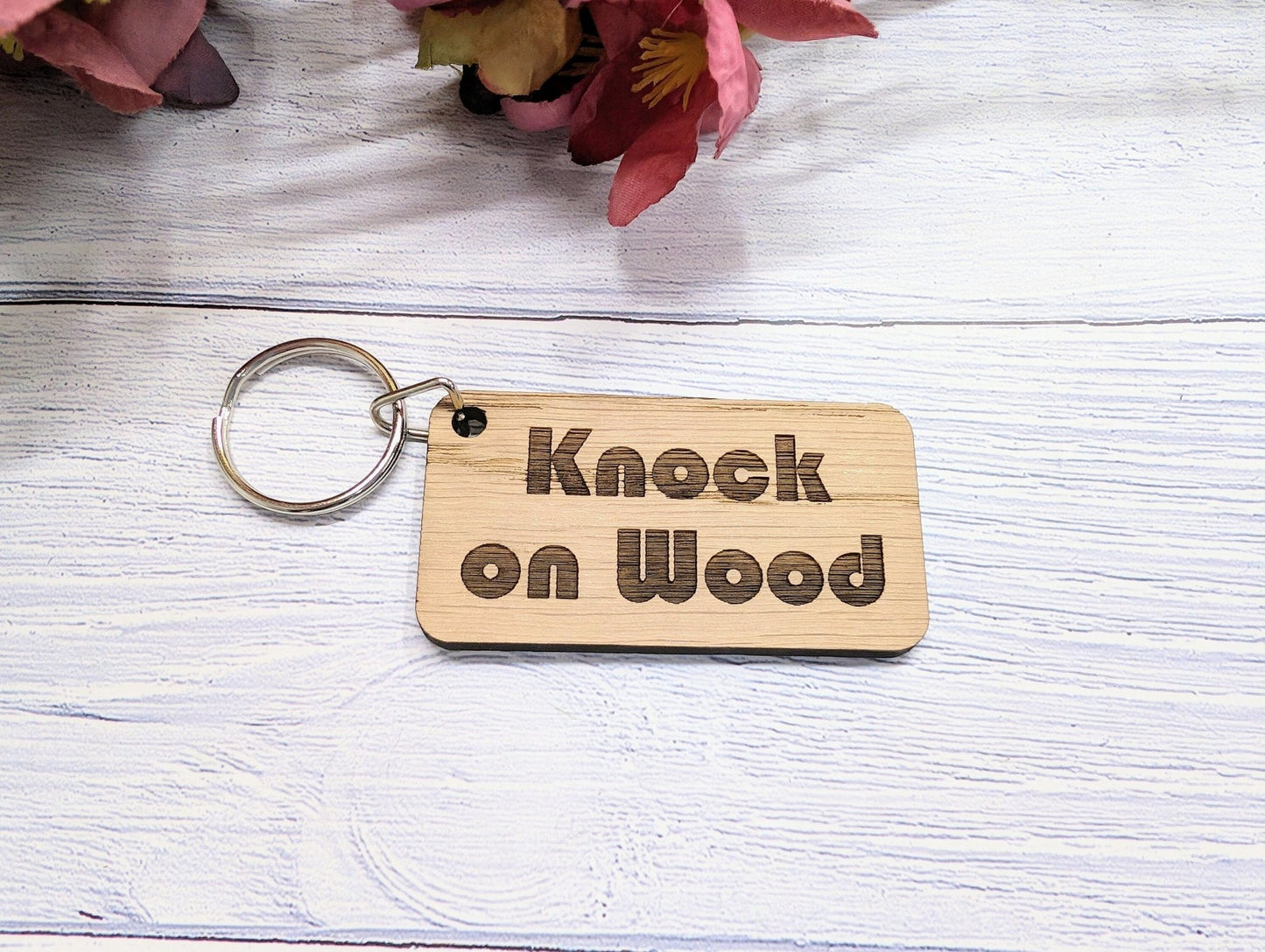 Knock on Wood Oak Veneer Keyring - 65x35mm, Superstition Inspired | Unique Good Luck Charm, Eco-Friendly, Perfect for Gift-Giving - CherryGroveCraft