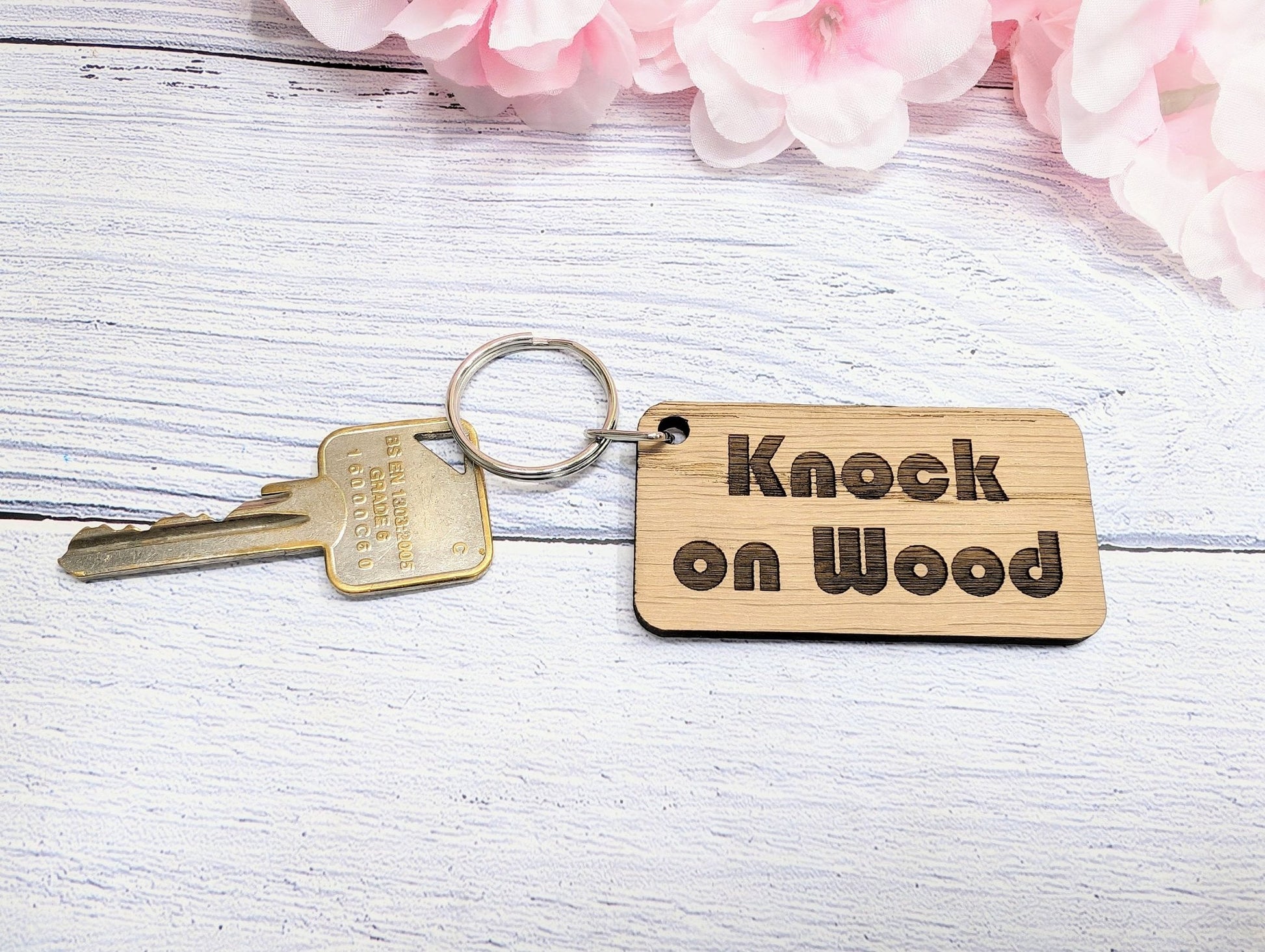 Knock on Wood Oak Veneer Keyring - 65x35mm, Superstition Inspired | Unique Good Luck Charm, Eco-Friendly, Perfect for Gift-Giving - CherryGroveCraft