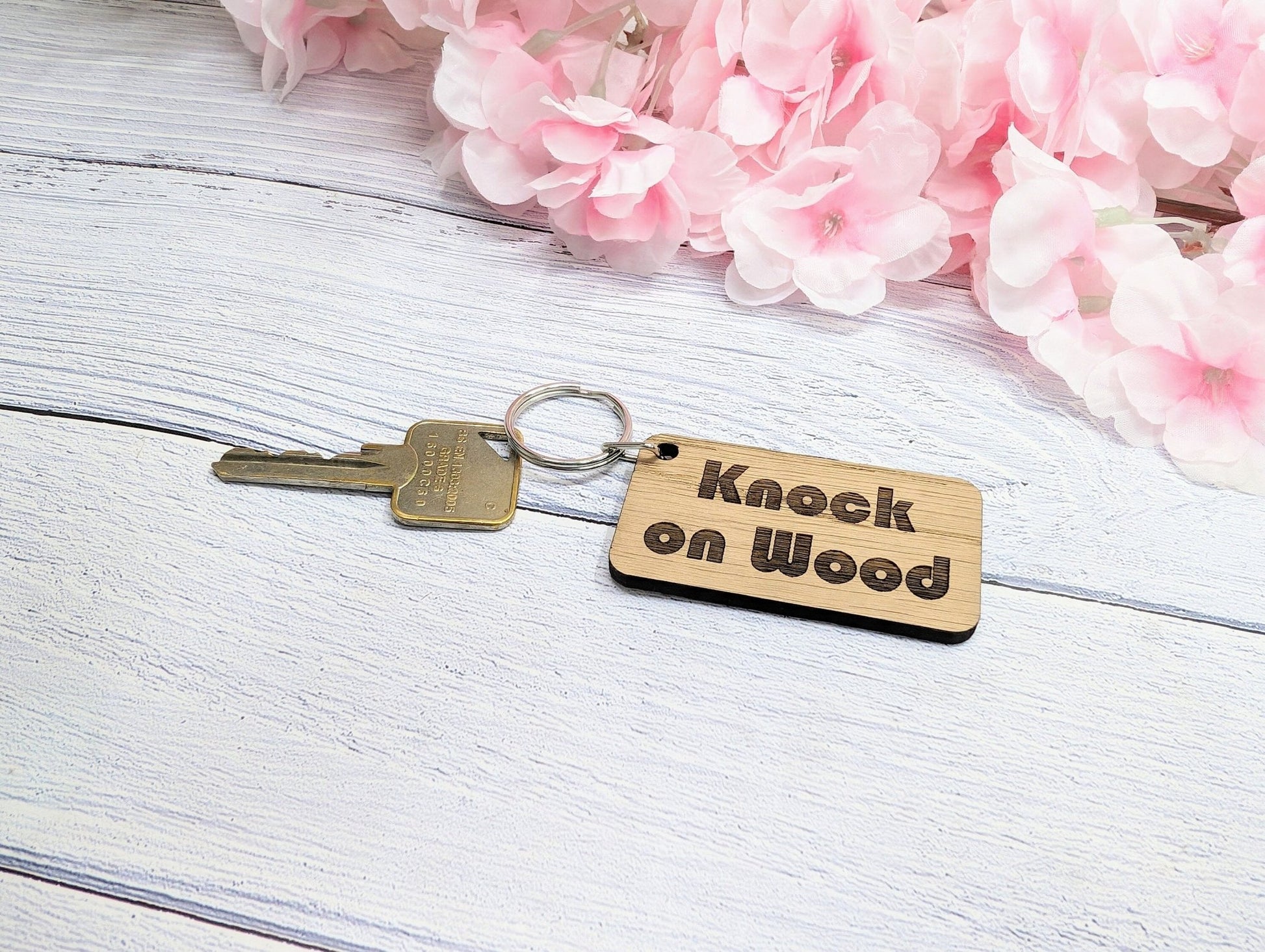 Knock on Wood Oak Veneer Keyring - 65x35mm, Superstition Inspired | Unique Good Luck Charm, Eco-Friendly, Perfect for Gift-Giving - CherryGroveCraft