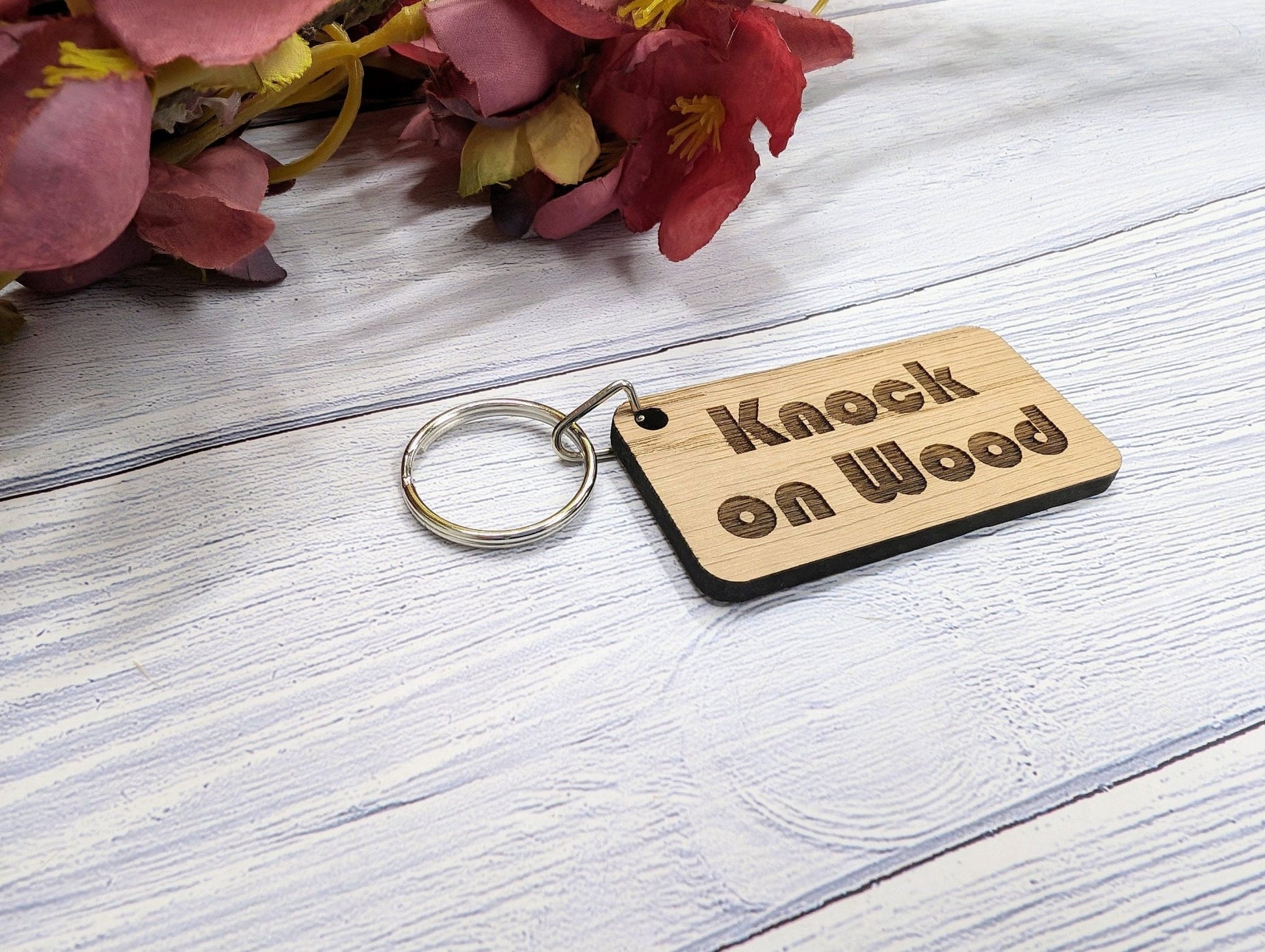 Knock on Wood Oak Veneer Keyring - 65x35mm, Superstition Inspired | Unique Good Luck Charm, Eco-Friendly, Perfect for Gift-Giving - CherryGroveCraft