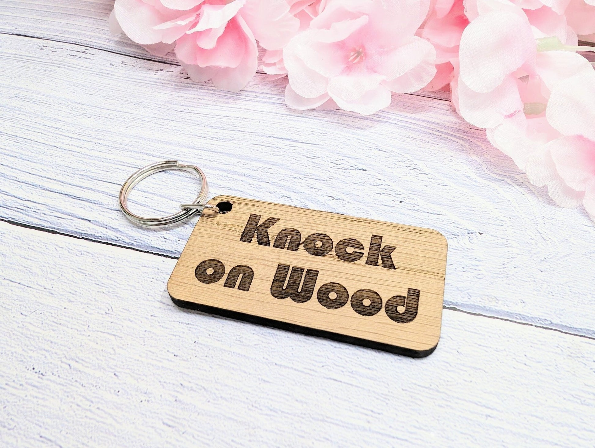 Knock on Wood Oak Veneer Keyring - 65x35mm, Superstition Inspired | Unique Good Luck Charm, Eco-Friendly, Perfect for Gift-Giving - CherryGroveCraft