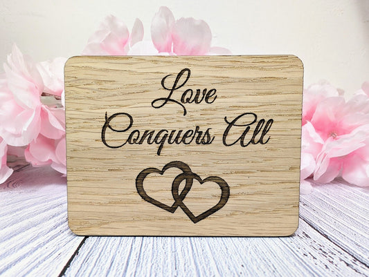 Love Conquers All - Wooden Fridge Magnet with Interlocking Hearts - Engraved - CherryGroveCraft
