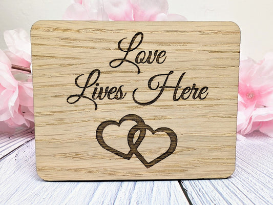 Love Lives Here - Wooden Fridge Magnet with Interlocking Hearts - Romantic Gift - CherryGroveCraft