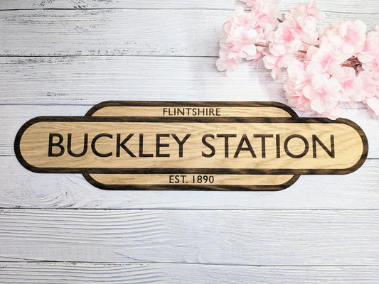Model Railway Custom Station Sign - Oak MDF, Personalised for Enthusiasts, Authentic British Design, 4 Sizes - CherryGroveCraft
