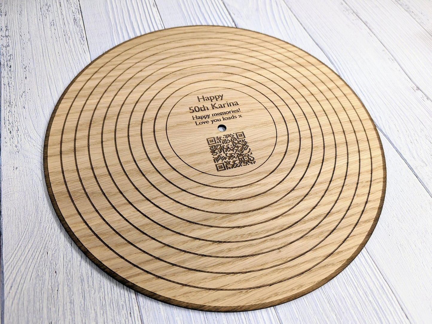 Oak 12" Record with Personalised QR Code and Message - Custom Message, Playlist Link, Optional Stand - CherryGroveCraft