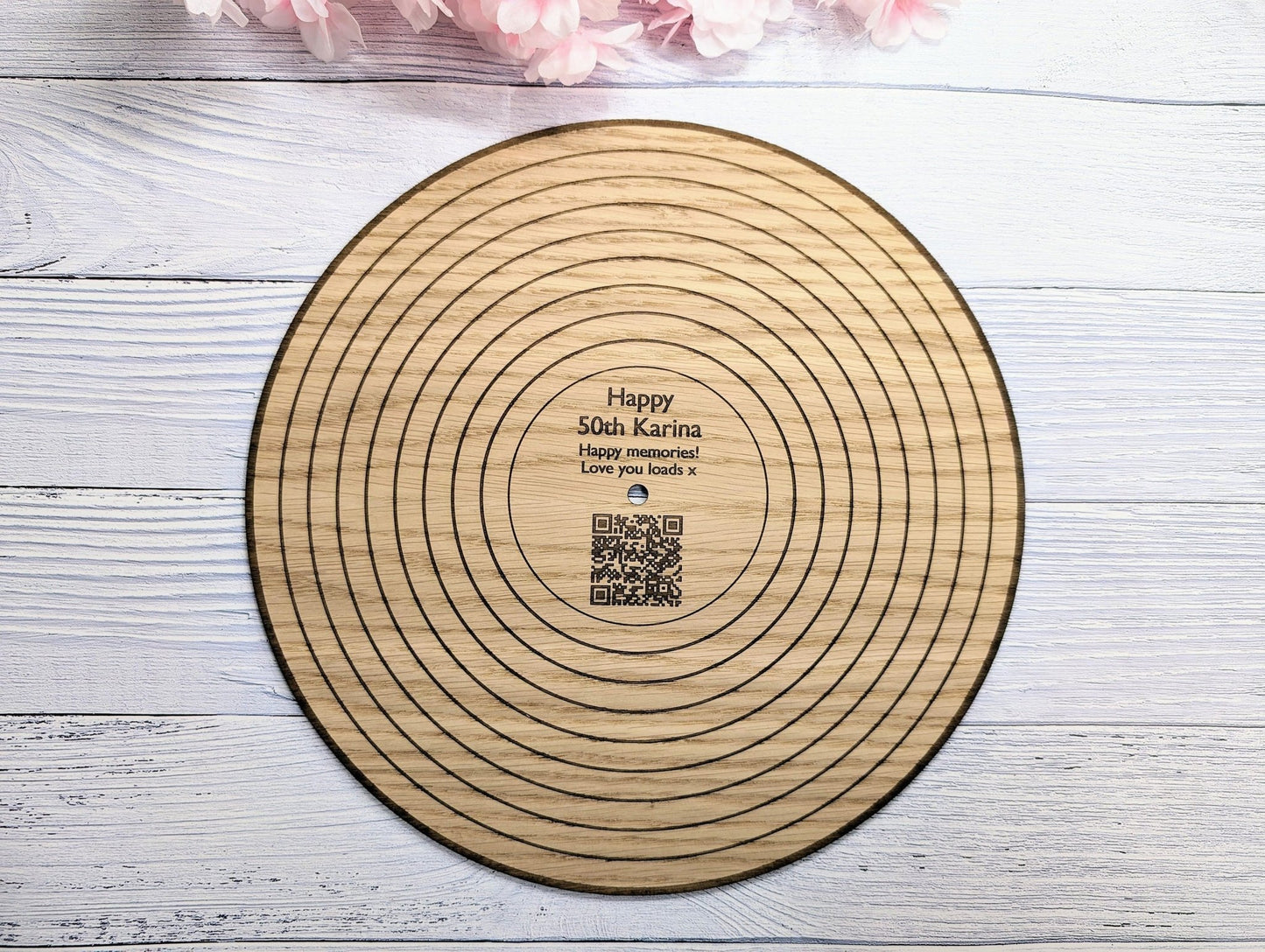Oak 12" Record with Personalised QR Code and Message - Custom Message, Playlist Link, Optional Stand - CherryGroveCraft