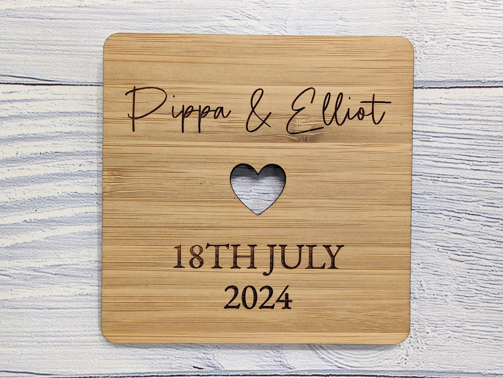 Personalised Bamboo Wedding Coasters - Customizable with Names, Date & Heart Design, 90mm x 90mm, Unique Wedding Favors - CherryGroveCraft