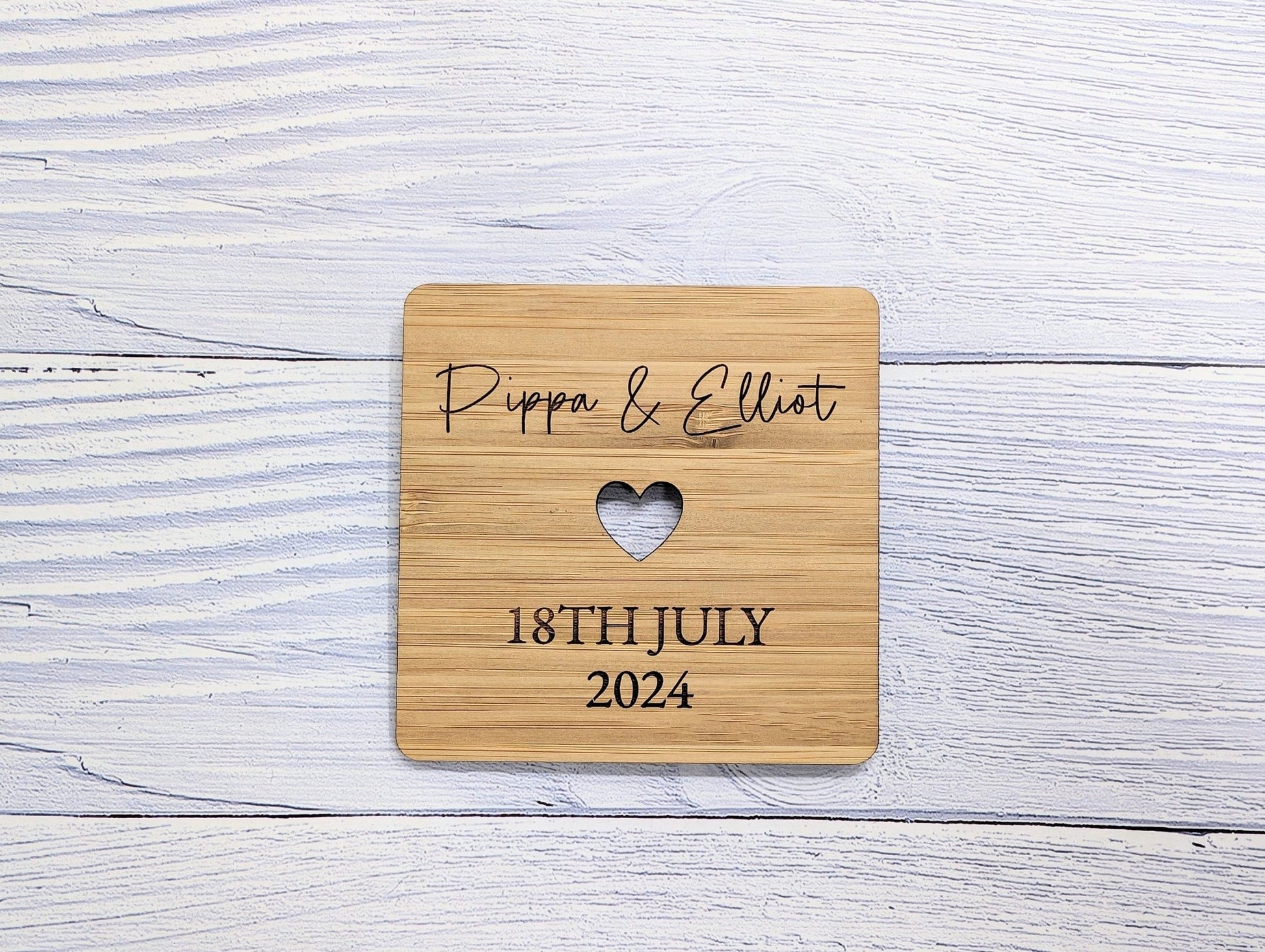 Personalised Bamboo Wedding Coasters - Customizable with Names, Date & Heart Design, 90mm x 90mm, Unique Wedding Favors - CherryGroveCraft