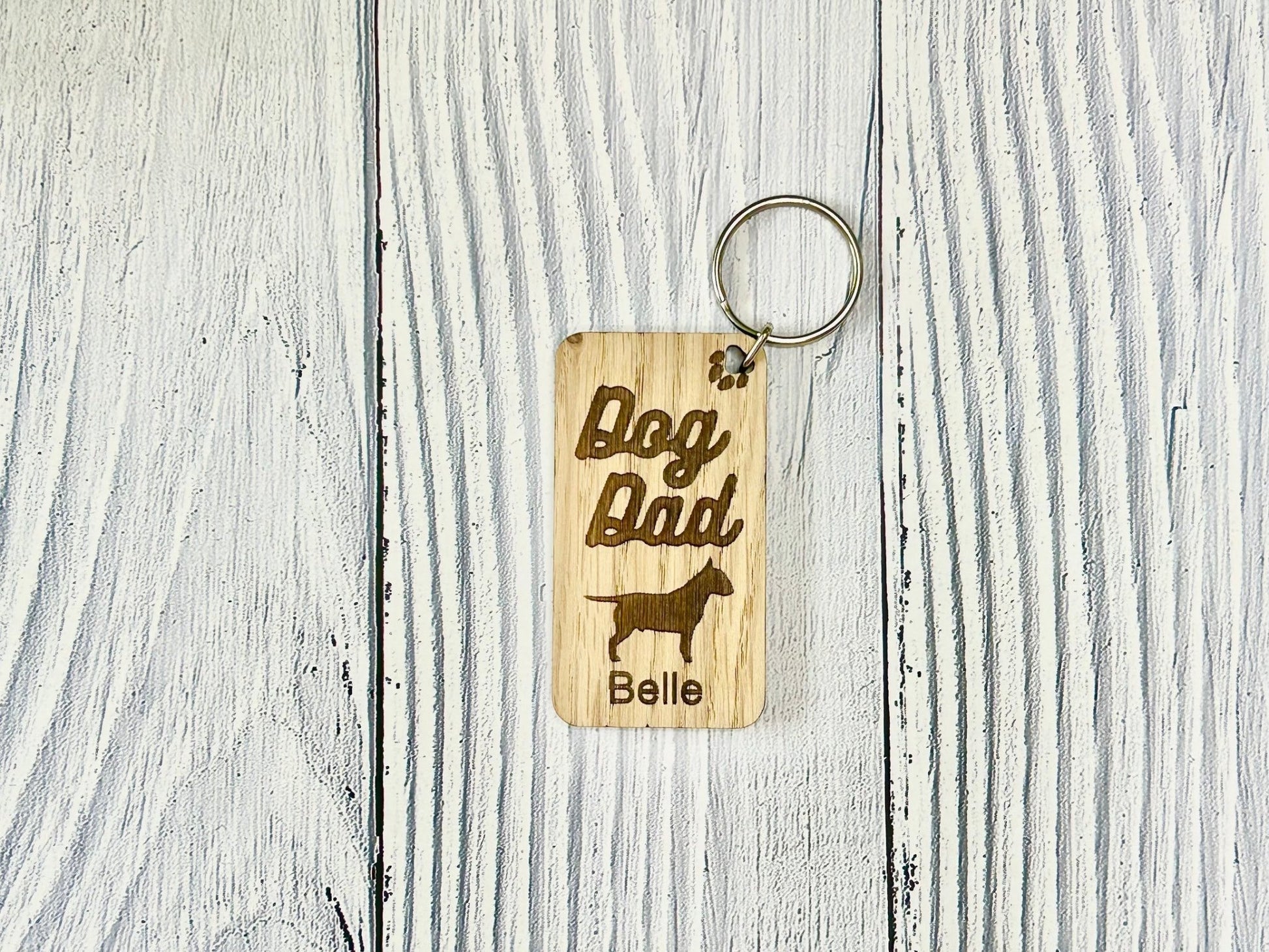 Personalised Bull Terrier Dog Dad Wooden Keyring | Oak Dog Keychain | Gift For Bull Terrier Parent | Doggy Key Tag Gift - CherryGroveCraft