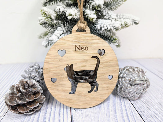 Personalised Cat Silhouette Christmas Bauble - Custom Engraved with Your Cat's Name - CherryGroveCraft