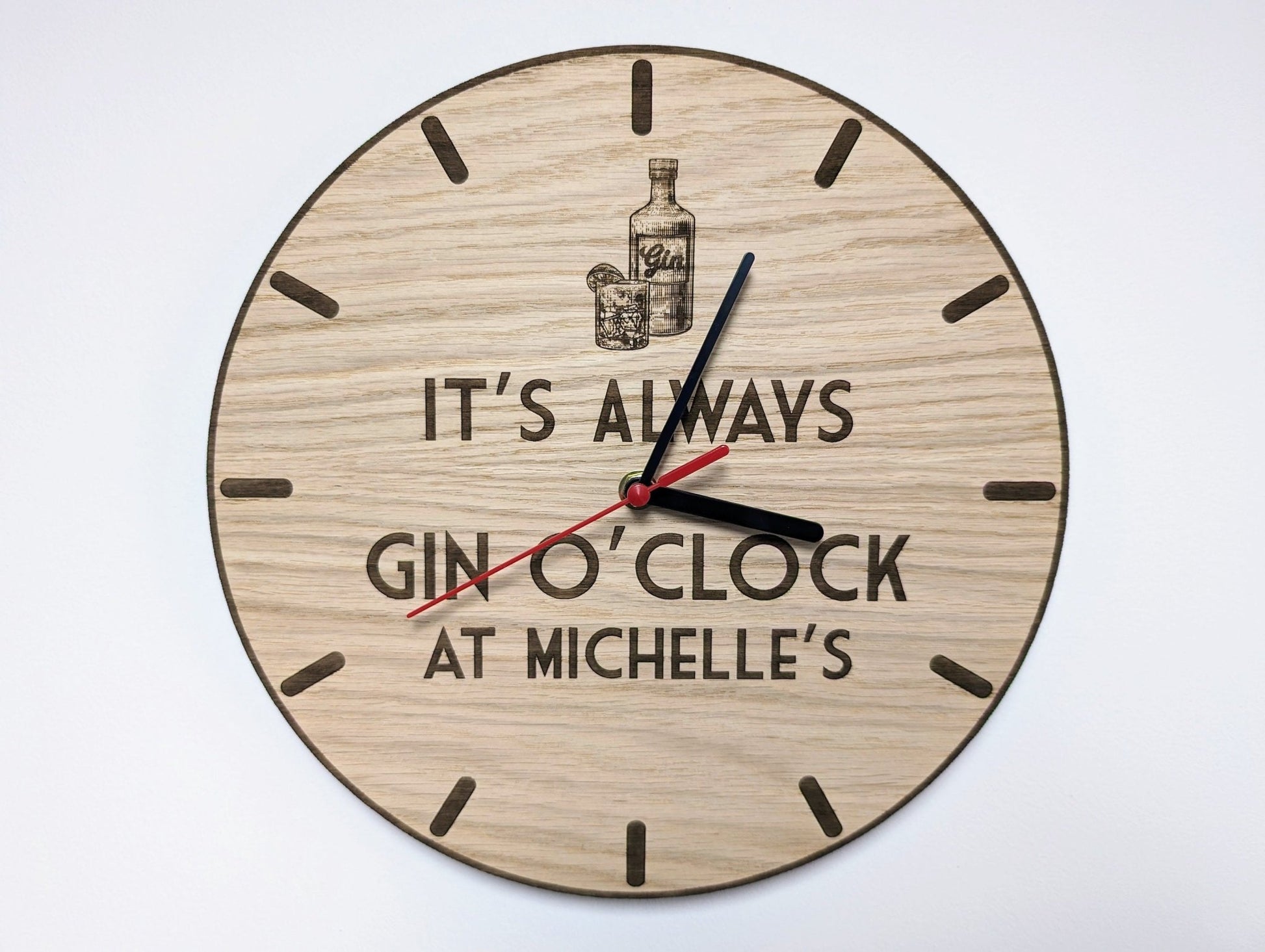 Personalised Gin O'Clock Wooden Clock - Eco-Friendly Gin Lover Decor, Custom Name Oak Gift - 30cm Art Deco Style Eco Gift Idea - CherryGroveCraft