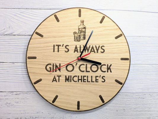 Personalised Gin O'Clock Wooden Clock - Eco-Friendly Gin Lover Decor, Custom Name Oak Gift - 30cm Art Deco Style Eco Gift Idea - CherryGroveCraft