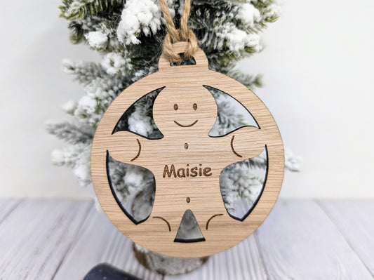 Personalised Gingerbread Man Christmas Bauble - Handcrafted Wooden Ornament with Child's Name - CherryGroveCraft