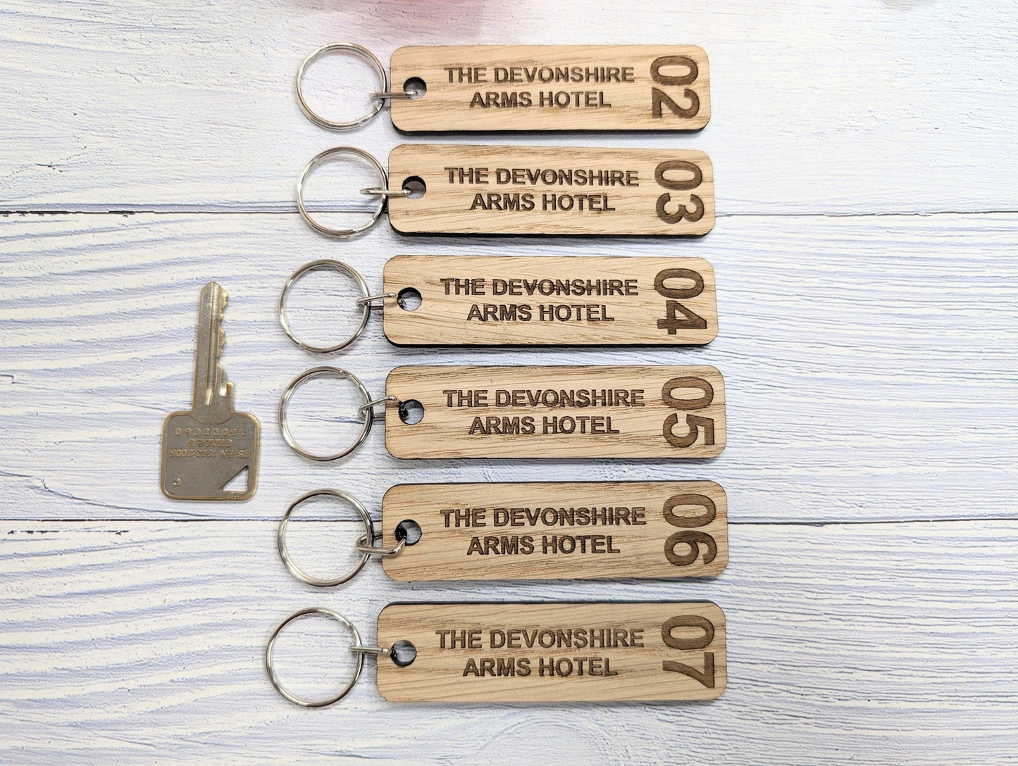 Personalised Hotel Room Number Keyrings 90 x 25mm with Hotel Name - High-Quality Oak Veneered MDF - Ideal for Hotels, B&Bs, and Guest Houses - CherryGroveCraft