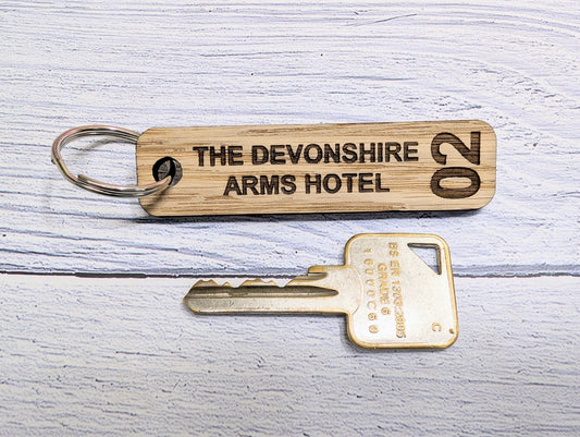 Personalised Hotel Room Number Keyrings with Hotel Name - 80 x 25mm - High-Quality Oak Veneered MDF - Ideal for Hotels, B&Bs, and Guest Houses - CherryGroveCraft