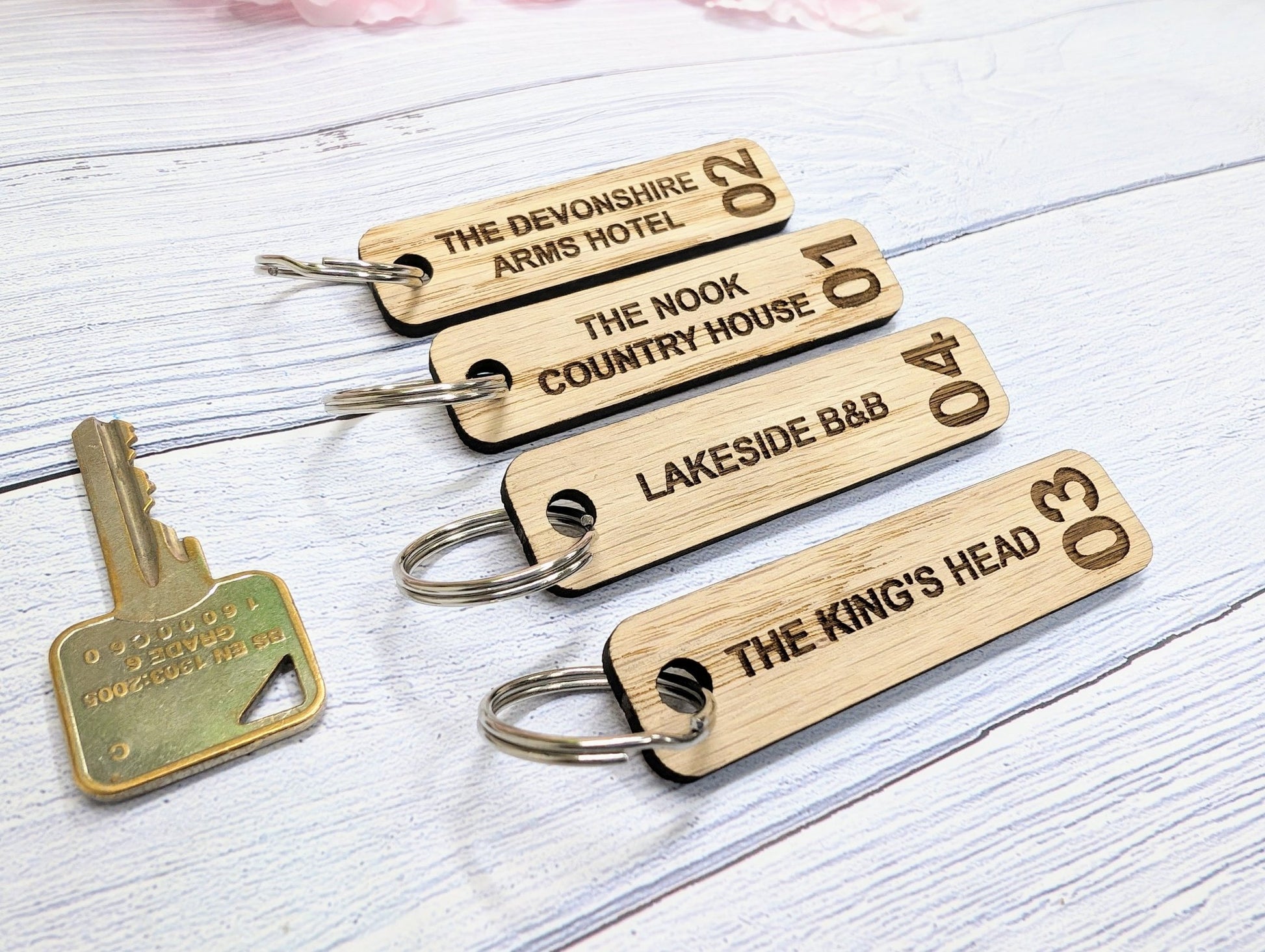 Personalised Hotel Room Number Keyrings with Hotel Name - 80 x 25mm - High-Quality Oak Veneered MDF - Ideal for Hotels, B&Bs, and Guest Houses - CherryGroveCraft