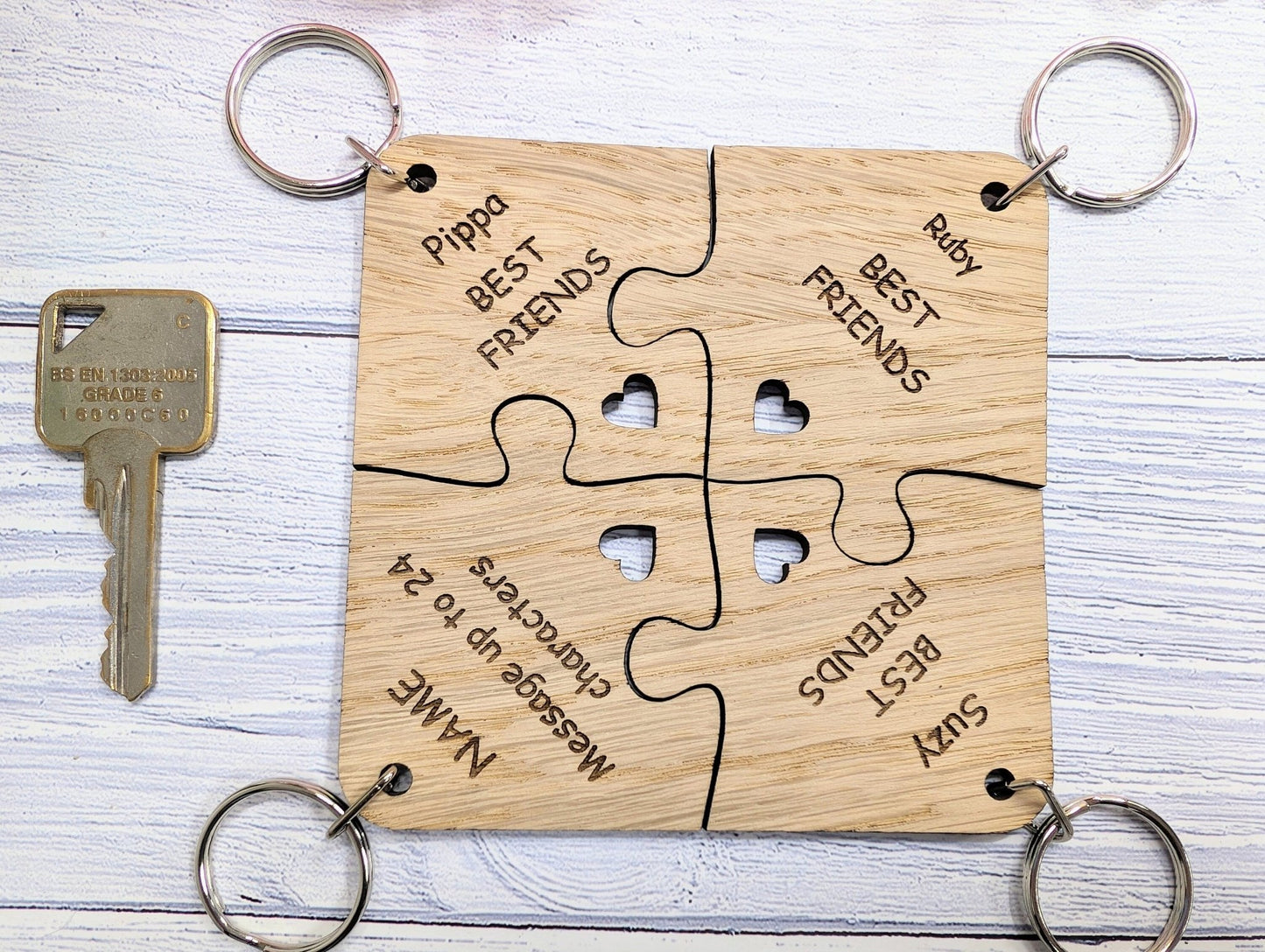 Personalised Jigsaw Keyring Set - 4 Pieces, Oak Veneer, 100x100mm | Handcrafted in Wales, Unique Gift Idea, Friends, Family, Colleagues - CherryGroveCraft