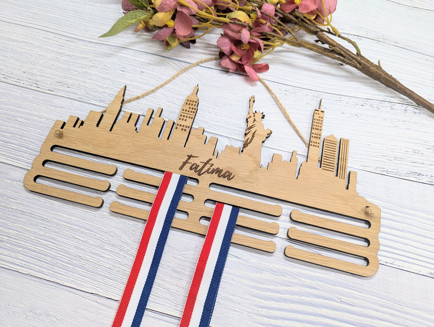Personalised New York Skyline Wooden Medal Hanger | Engraved Sports Medal Display | Oak Veneer, Marathon Runner, Athlete etc - CherryGroveCraft