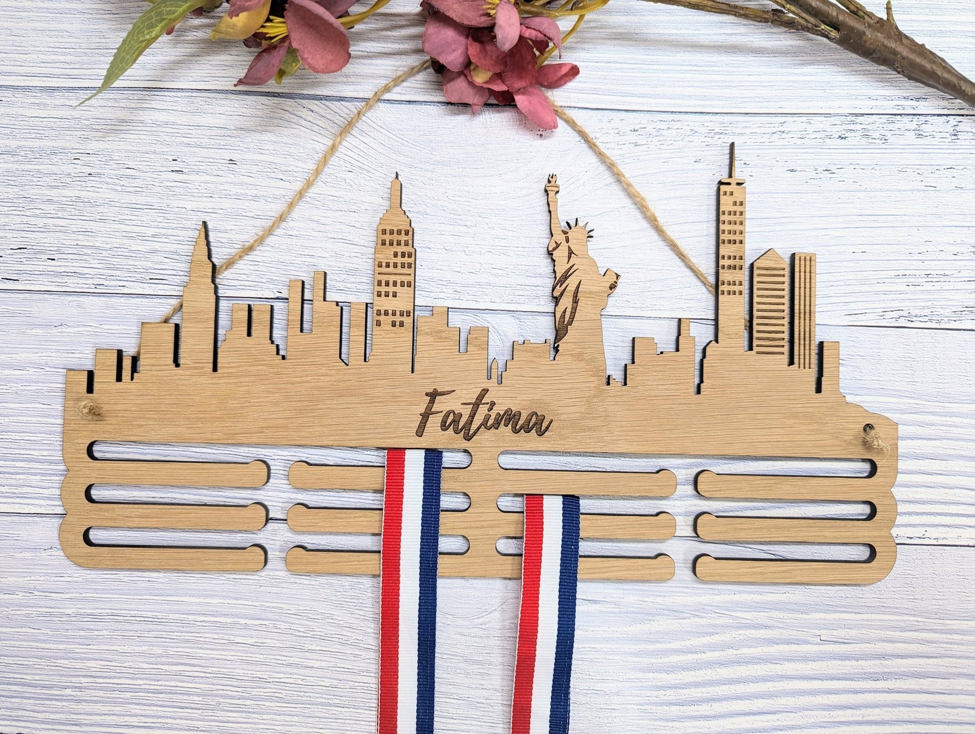 Personalised New York Skyline Wooden Medal Hanger | Engraved Sports Medal Display | Oak Veneer, Marathon Runner, Athlete etc - CherryGroveCraft