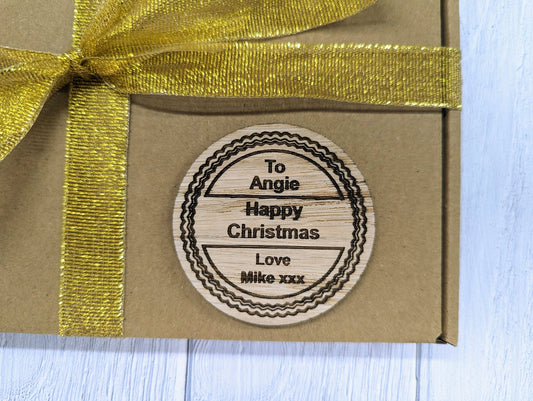 Personalised Oak Veneered 'Happy Christmas' Gift Tag: Rustic Handcrafted Festive Tag for Presents, Unique Holiday Decor, Eco-Friendly - CherryGroveCraft