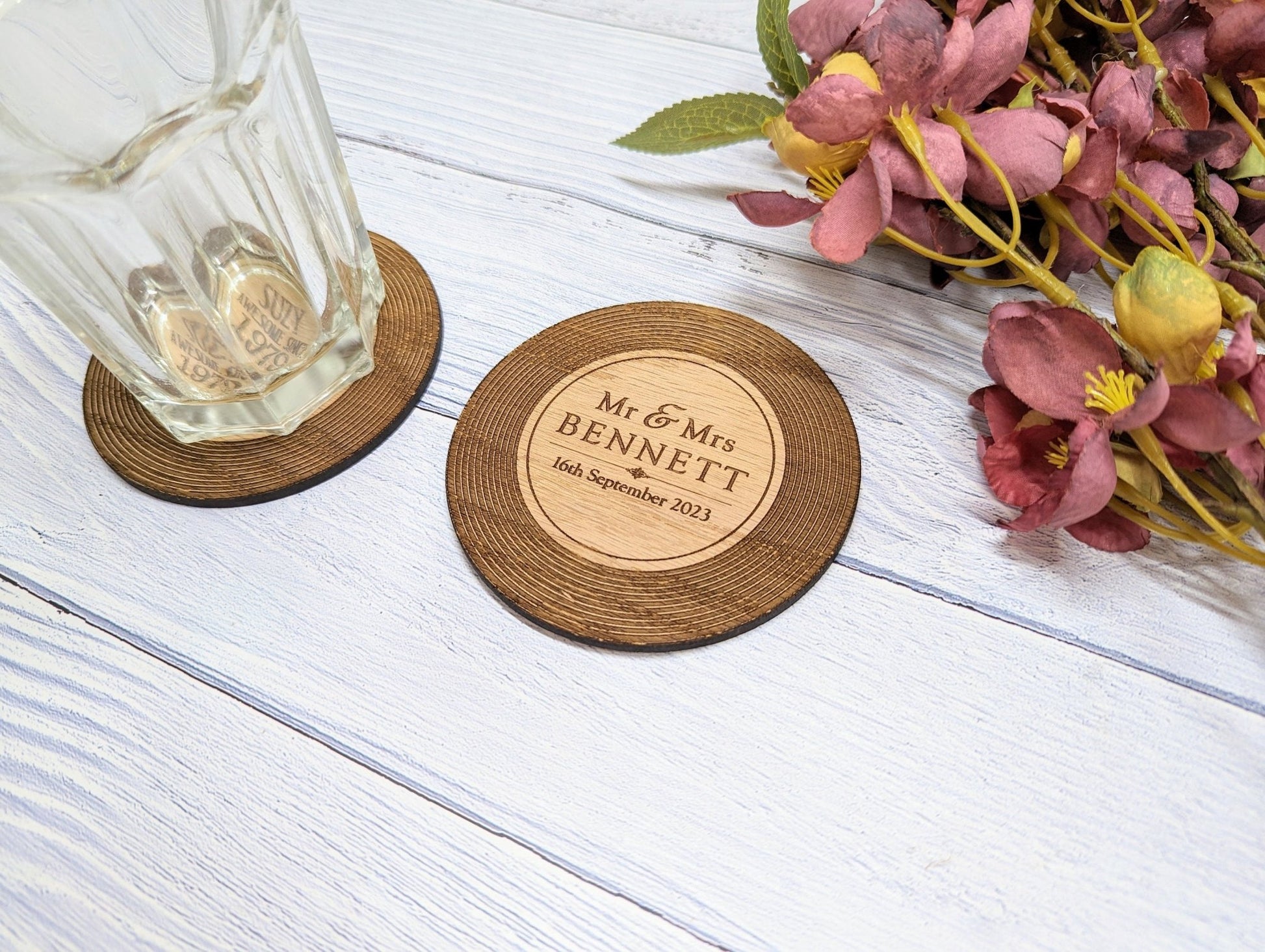 Personalised Retro Vinyl Record Wedding Coaster - "Mr & Mrs [Name], [Wedding Date]" - Unique Newlywed Gift for Music Lovers - CherryGroveCraft