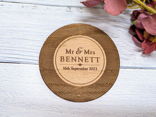 Personalised Retro Vinyl Record Wedding Coaster - "Mr & Mrs [Name], [Wedding Date]" - Unique Newlywed Gift for Music Lovers - CherryGroveCraft