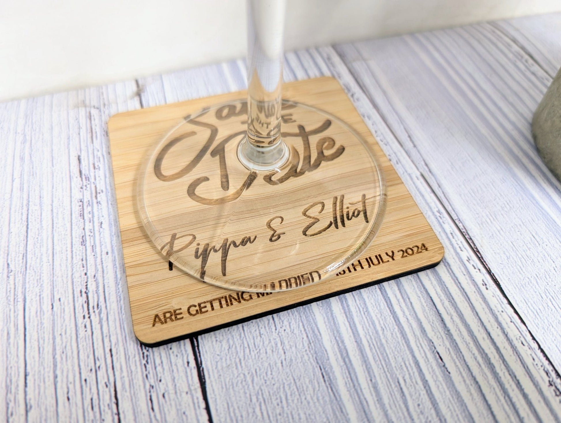 Personalised 'Save The Date' Bamboo Coasters - Custom with Names & Date, 90mm x 90mm, Unique Wedding Favors - CherryGroveCraft