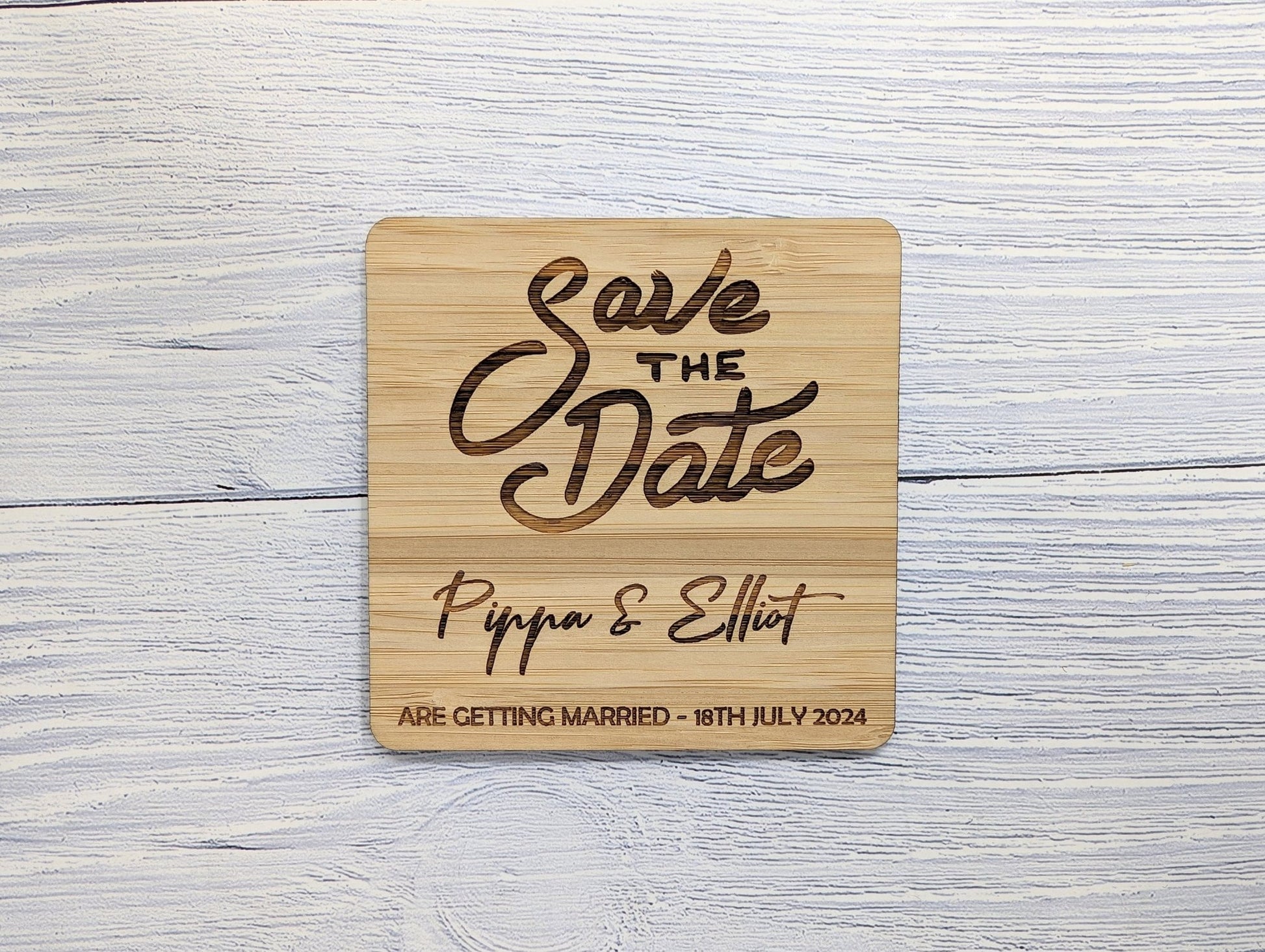 Personalised 'Save The Date' Bamboo Coasters - Custom with Names & Date, 90mm x 90mm, Unique Wedding Favors - CherryGroveCraft
