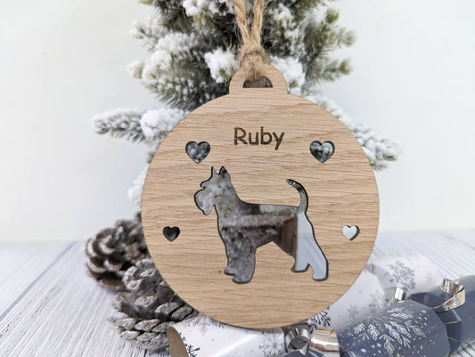 Personalised Schnauser Christmas Bauble in Oak Veneer MDF - Rustic Jute String - Stars or Hearts Cut-Out - Schnauser Gift - CherryGroveCraft