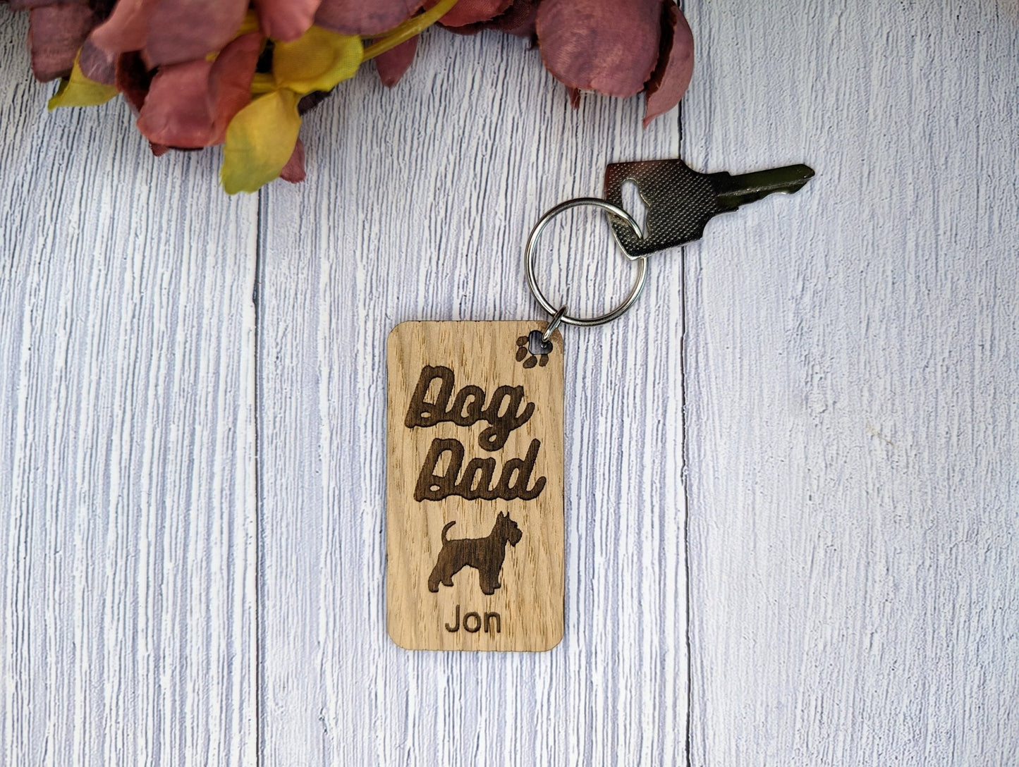 Personalised Schnauzer Dog Dad Wooden Keyring | Oak Dog Keychain | Gift For Schnauzer Parent | Doggy Key Tag Gift - CherryGroveCraft