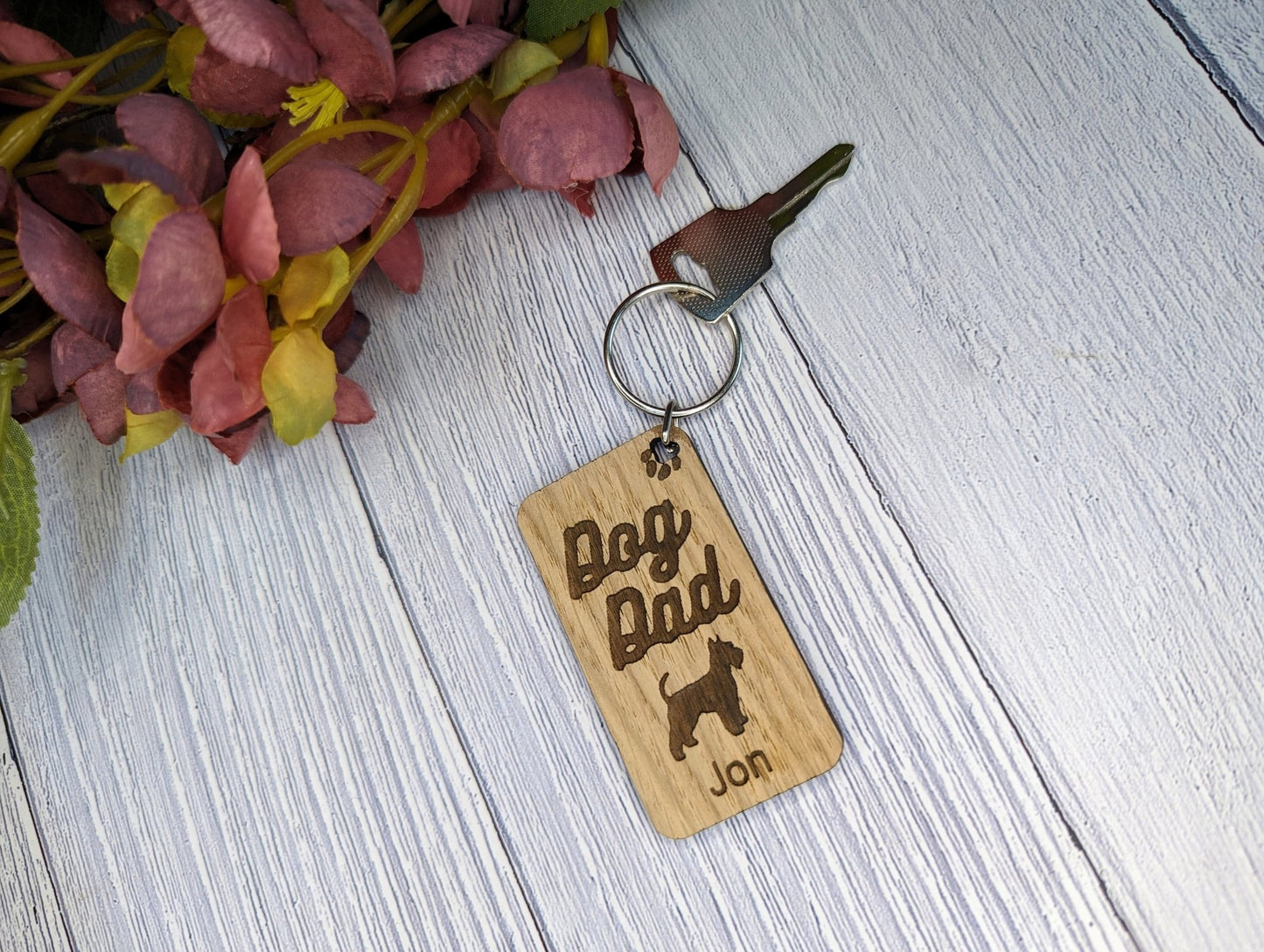 Personalised Schnauzer Dog Dad Wooden Keyring | Oak Dog Keychain | Gift For Schnauzer Parent | Doggy Key Tag Gift - CherryGroveCraft