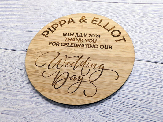 Personalised Wedding Day Bamboo Coasters - Round, 100mm Diameter, with Custom Names & Date - Unique Wedding Favors - CherryGroveCraft