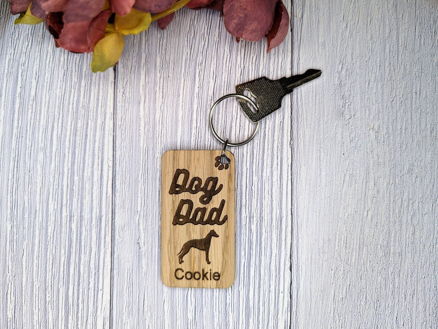 Personalised Whippet Dog Dad Wooden Keyring | Oak Dog Keychain | Gift For Whippet Parent | Doggy Key Tag Gift - CherryGroveCraft